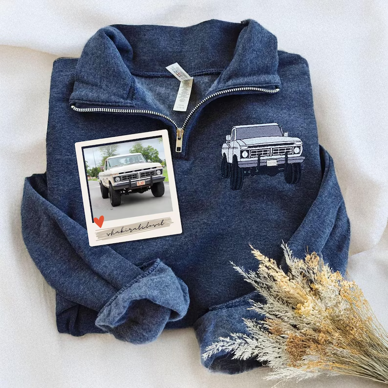 Embroidered Custom Car Quarter Zip Sweatshirt, Car Portrait, Custom Car Sweater, Gift For Dad
