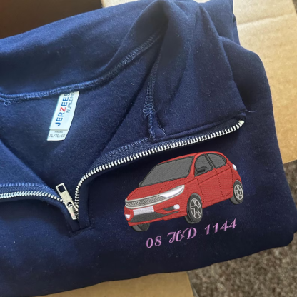 Embroidered Custom Car Quarter Zip Sweatshirt, Car Portrait, Custom Car Sweater, Gift For Dad