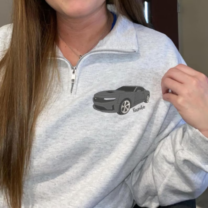 Embroidered Custom Car Quarter Zip Sweatshirt, Car Portrait, Custom Car Sweater, Gift For Dad