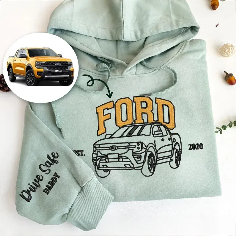 Custom Embroidered Car Hoodie, Custom Line Drawing Car Photo Embroidered Hoodie, Gifts for Dad