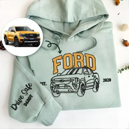 Custom Embroidered Car Hoodie, Custom Line Drawing Car Photo Embroidered Hoodie, Gifts for Dad