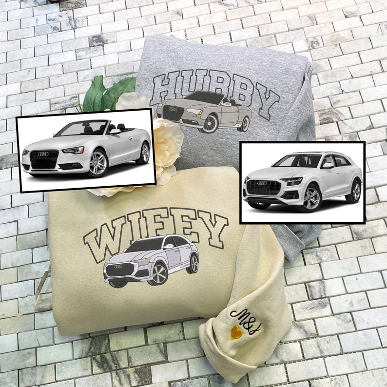 Custom Car Picture Embroidered Sweatshirt, Car Couple Shirt From Wifey Hubby, Father’s Day Gift