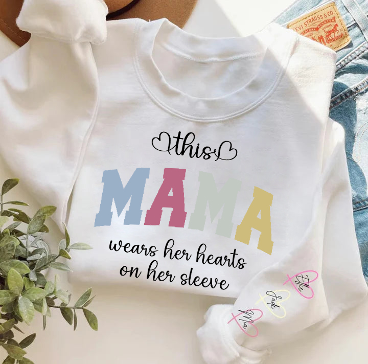 Custom Wear Your Heart On Your Sleeve Mom Sweatshirt with your child's name, a great Mother's Day gift