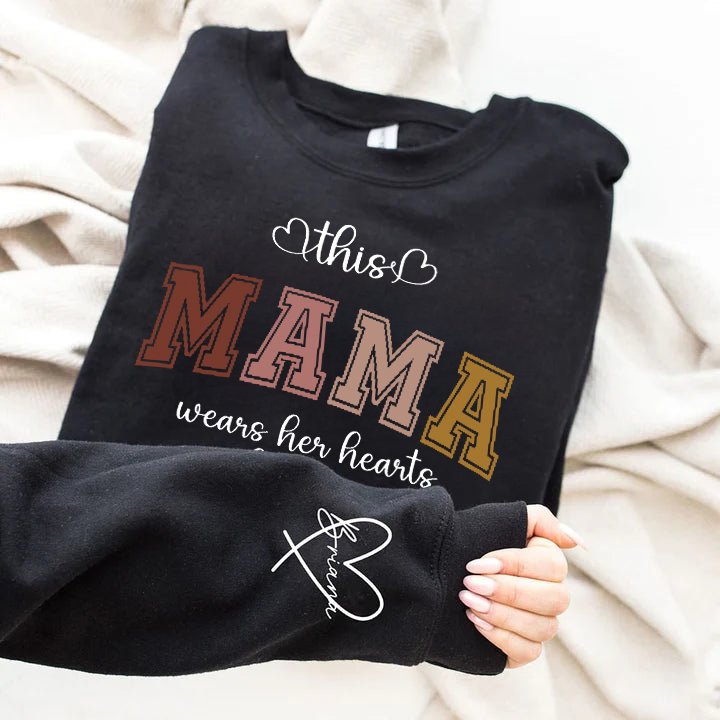 Custom Wear Your Heart On Your Sleeve Mom Sweatshirt with your child's name, a great Mother's Day gift