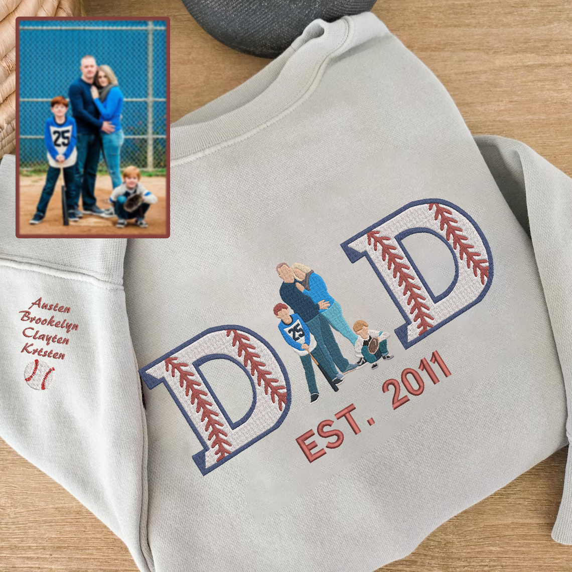 Personalized Embroidered Baseball Sweatshirt With Kid's Names For Dad