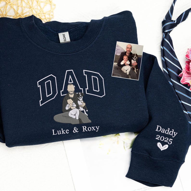 Personalized Portrait Embroidered Dad T-shirt/Sweatshirt, Gift For Dad