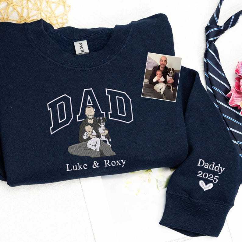 Personalized Portrait Embroidered Dad T-shirt/Sweatshirt, Gift For Dad