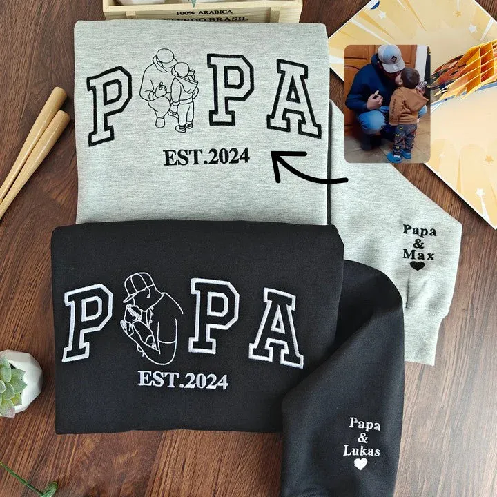 A Papa T-Shirt With A Photo And A Sweatshirt Separately Embroidered With The Portraits Of The Father And The Child