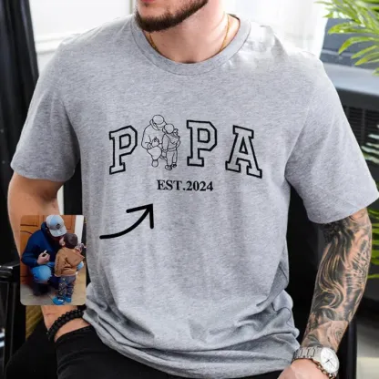 A Papa T-Shirt With A Photo And A Sweatshirt Separately Embroidered With The Portraits Of The Father And The Child