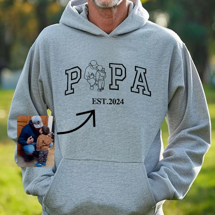A Papa T-Shirt With A Photo And A Sweatshirt Separately Embroidered With The Portraits Of The Father And The Child