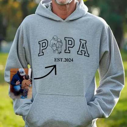 A Papa T-Shirt With A Photo And A Sweatshirt Separately Embroidered With The Portraits Of The Father And The Child