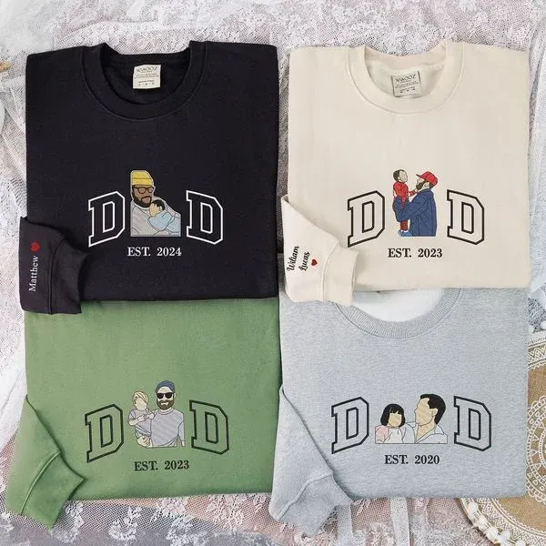 Custom Dad Photo Portrait Embroidery Sweatshirt With Kids Names