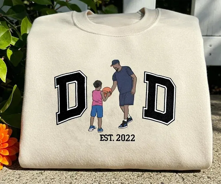 Custom Dad And Son Portrait From Photo Embroidered Sweatshirt， Family Portrait Gift For Dad Shirt