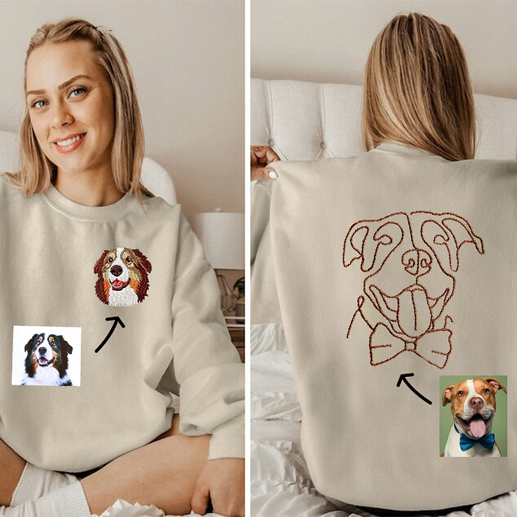 Custom Embroidered Pet Portrait Hoodie, Embroidered Pet Portrait On The Front And Back Of Sweatshirt