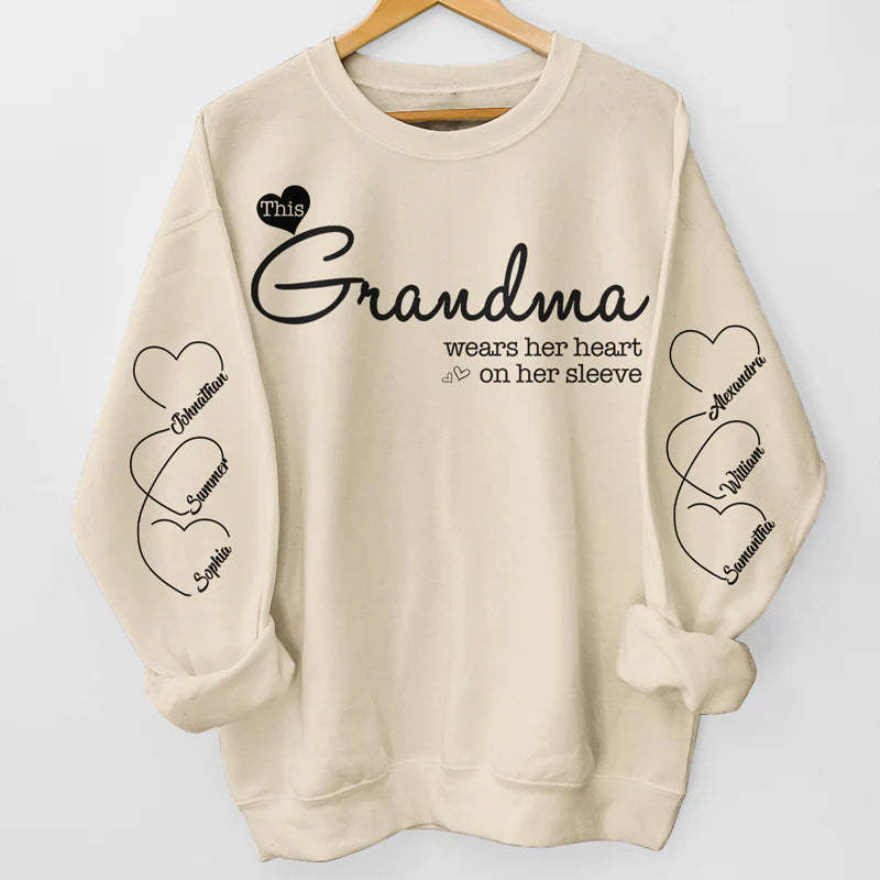 Grandma Wears Her Heart On Her Sleeve - Family Personalized Unisex Sweatshirt - Gift For Mom, Grandma