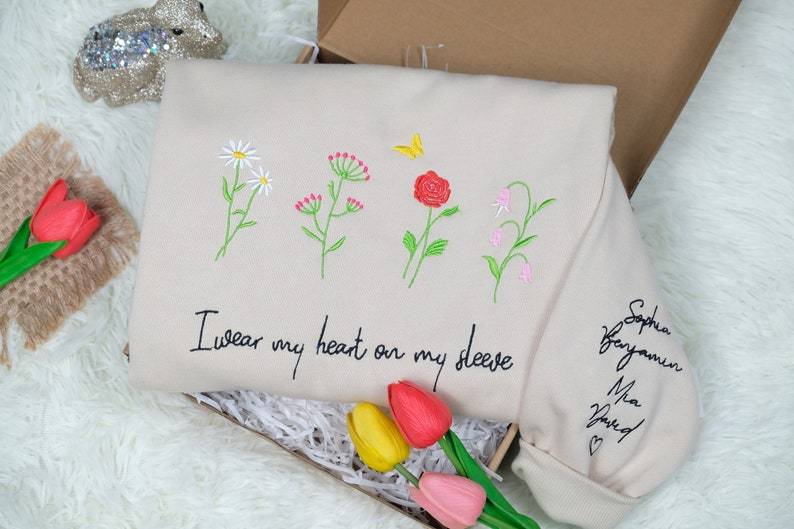 Custom I Wear My Heart On My Sleeve Floral Embroidered Sweater With Name