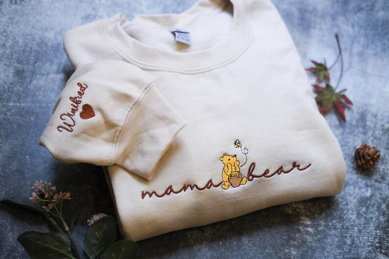Custom Mama Papa Est EMBROIDERED Winnie the Pooh,Dad and Mom Sweatshirts