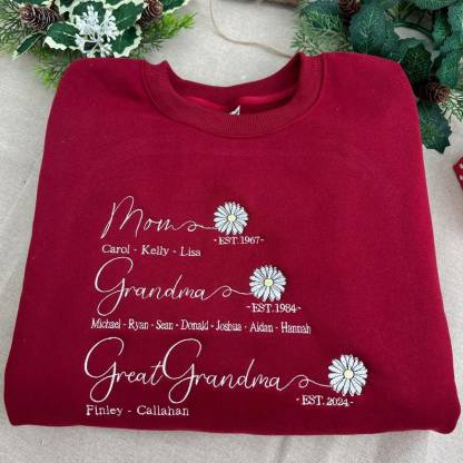 Custom Mom Grandma Great Grandma Embroidered Sweatshirt With Grandkids Names