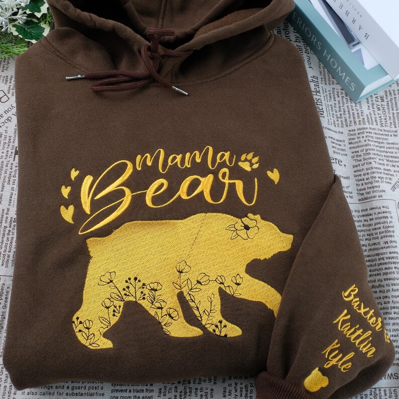 Personalized Mama Bear Embroidered Sweatshirt Mama With Kid Name On Sleeve