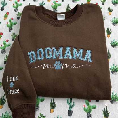 Custom Dog Mom Embroidered Sweatshirt, Personalized Dog Paw With Name On Sleeve