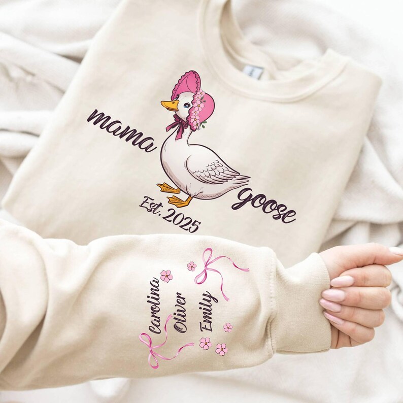Custom Mama Goose Sweatshirt Gift With Kid Name On Sleeve
