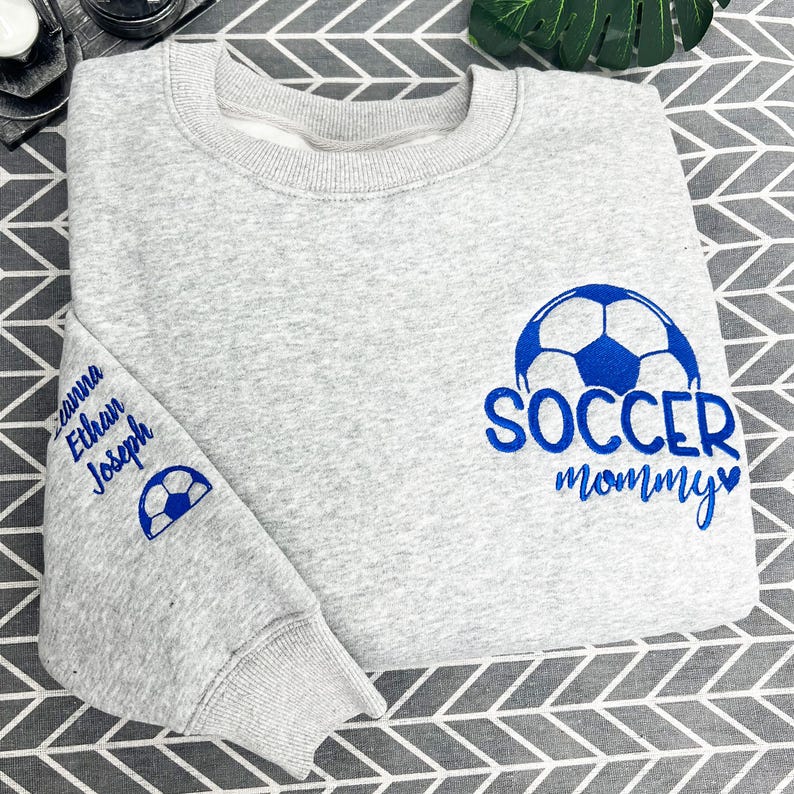 Custom Embroidered Soccer Mom Crewneck With Name On A Sleeve Sweatshirt