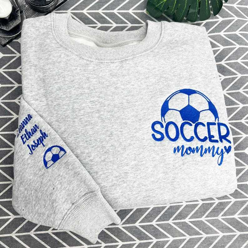 Custom Embroidered Soccer Mom Crewneck With Name On A Sleeve Sweatshirt