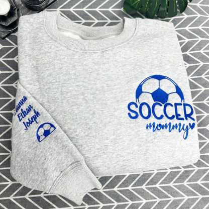 Custom Embroidered Soccer Mom Crewneck With Name On A Sleeve Sweatshirt