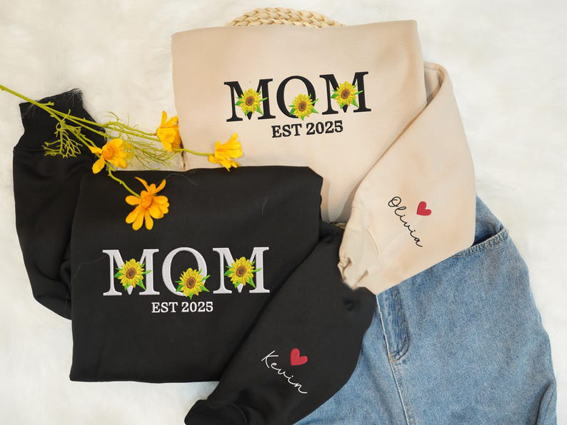Custom Mom Est 2025 Sunflower Embroidered Sweatshirt