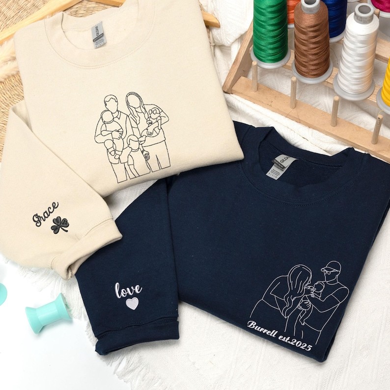 Custom Family Portrait Embroidered Outline Photo Sweatshirt