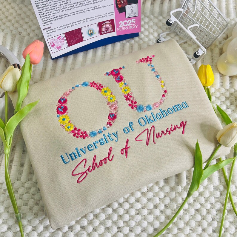 Custom College Floral Letter Embroidered Sweatshirt, High School Crewneck, Graduation Gift