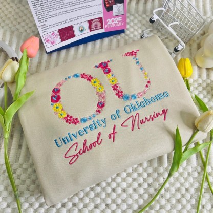 Custom College Floral Letter Embroidered Sweatshirt, High School Crewneck, Graduation Gift