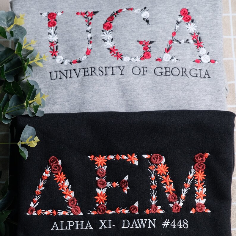 Custome Flower Text University Or Sorority Embroidered College Crewneck, Embroidery High School Sweater