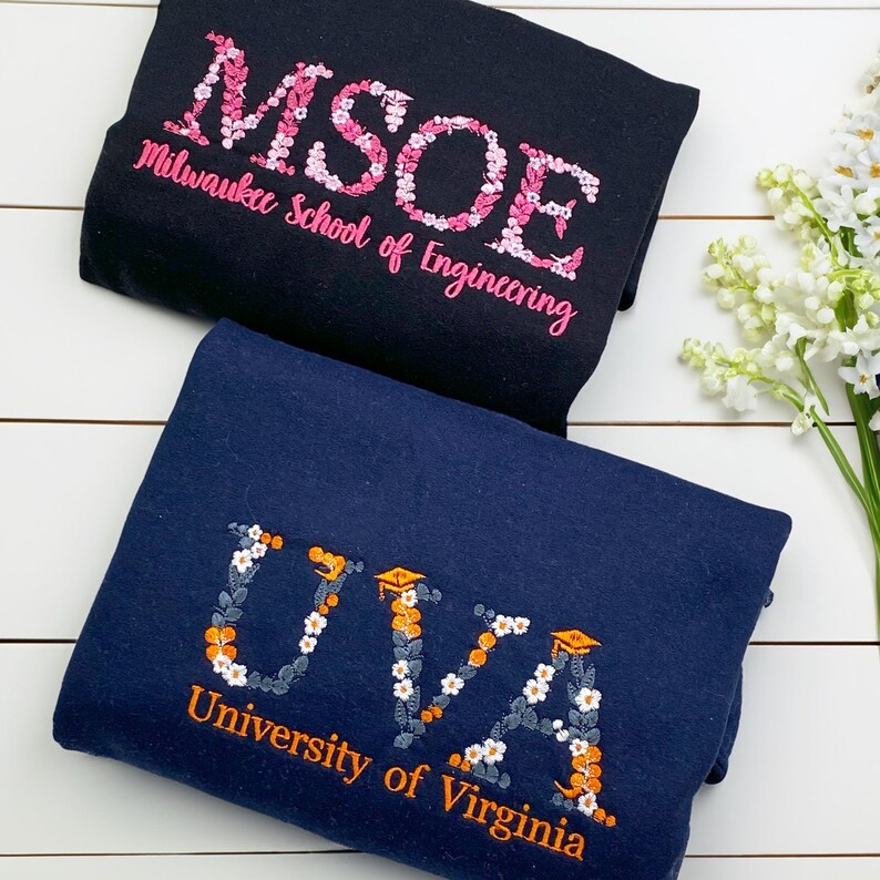 Custom College Floral Letter Embroidered Sweatshirt | Floral Letter Embroidered Hoodie | College University High School Shirt 