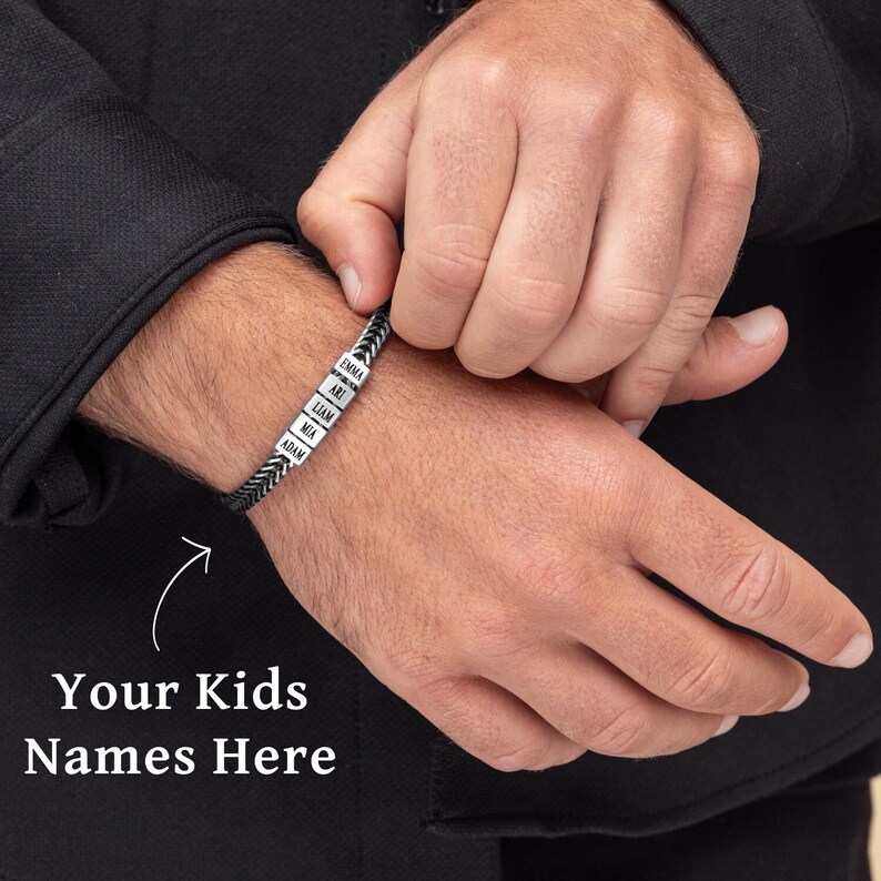 Personalize Gift For Dad, Custom Dad Silver Bracelet, Fathers Day Gift, Family Name Bracelet
