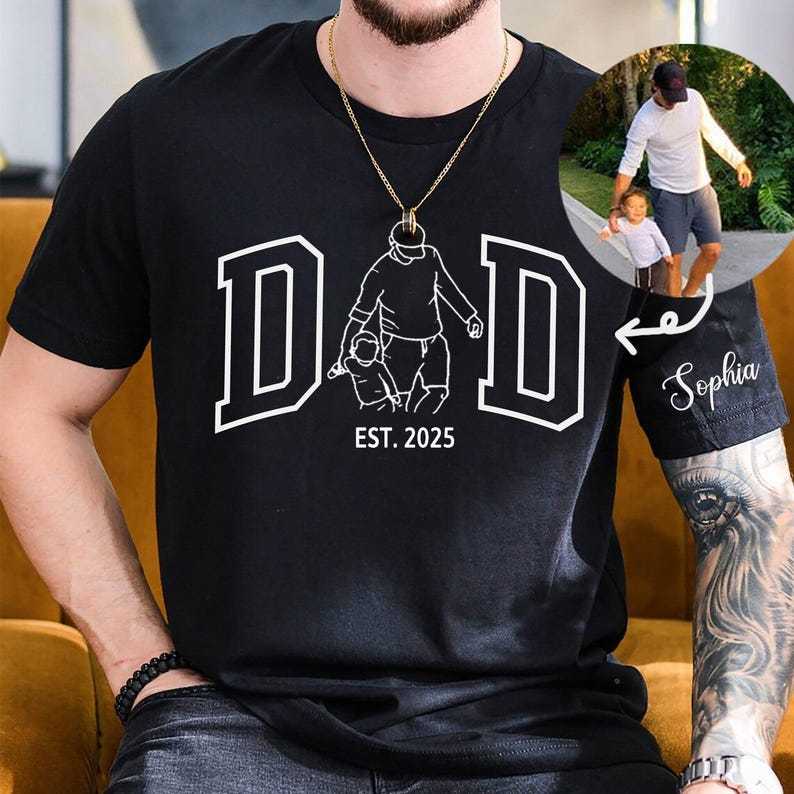 Personalized Dad Outline Photo Tshirt Father's Day Gift 2025