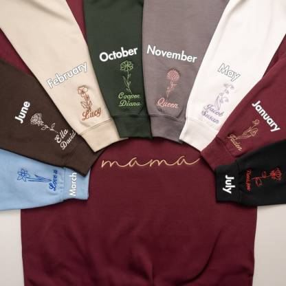 Embroidered Custom Mama Sweatshirt with Mama Birth Flowers & Names on Sleeve.Mother's Day gift