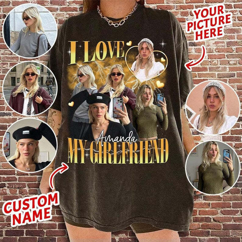 Custom Photo I Love My Boyfriend/Girlfriend Vintage Style Couple Dark Shirt