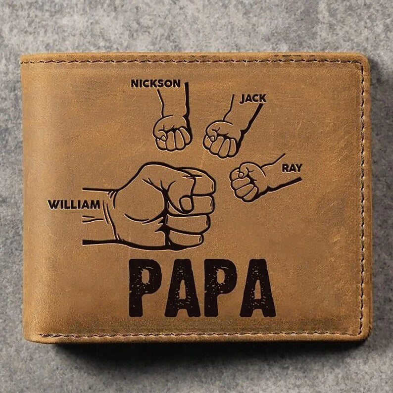 Papa Wallet Fist to Fist - PU Leather Wallet -Dad and Kids Name Wallet