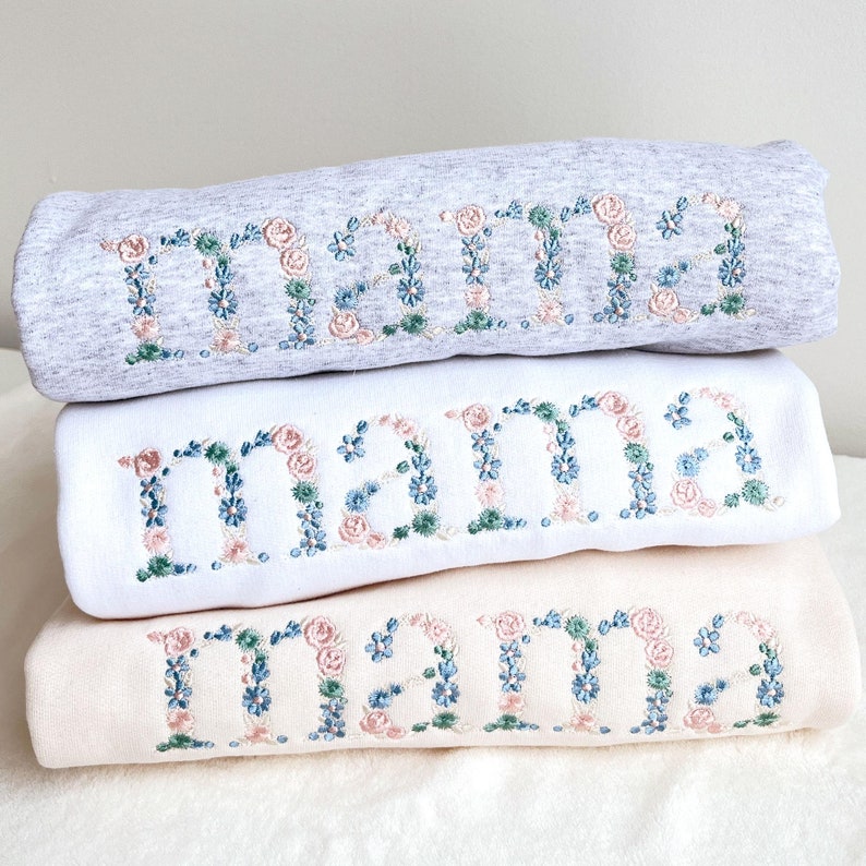 Custom Pastel Floral Mama Embroidered Gemma Crew Sweatshirt