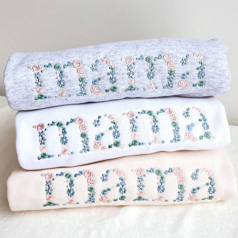 Custom Pastel Floral Mama Embroidered Gemma Crew Sweatshirt