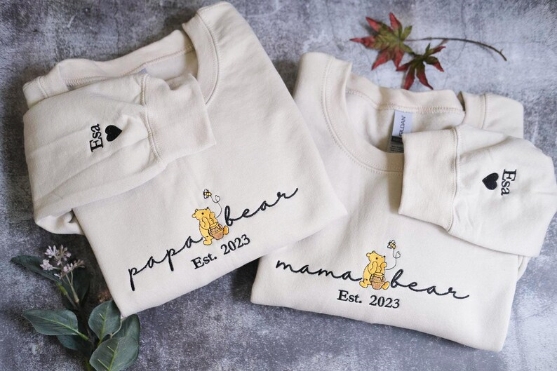 Custom Mama Papa Est EMBROIDERED Winnie the Pooh,Dad and Mom Sweatshirts