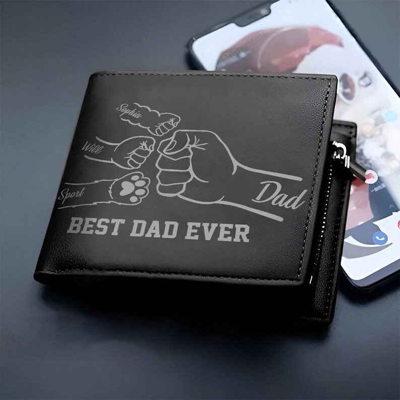 Personalized Fist Bump Dad Kids Pet Leather Wallet, Custom Kids Name Male Leather Wallet, For Daddy