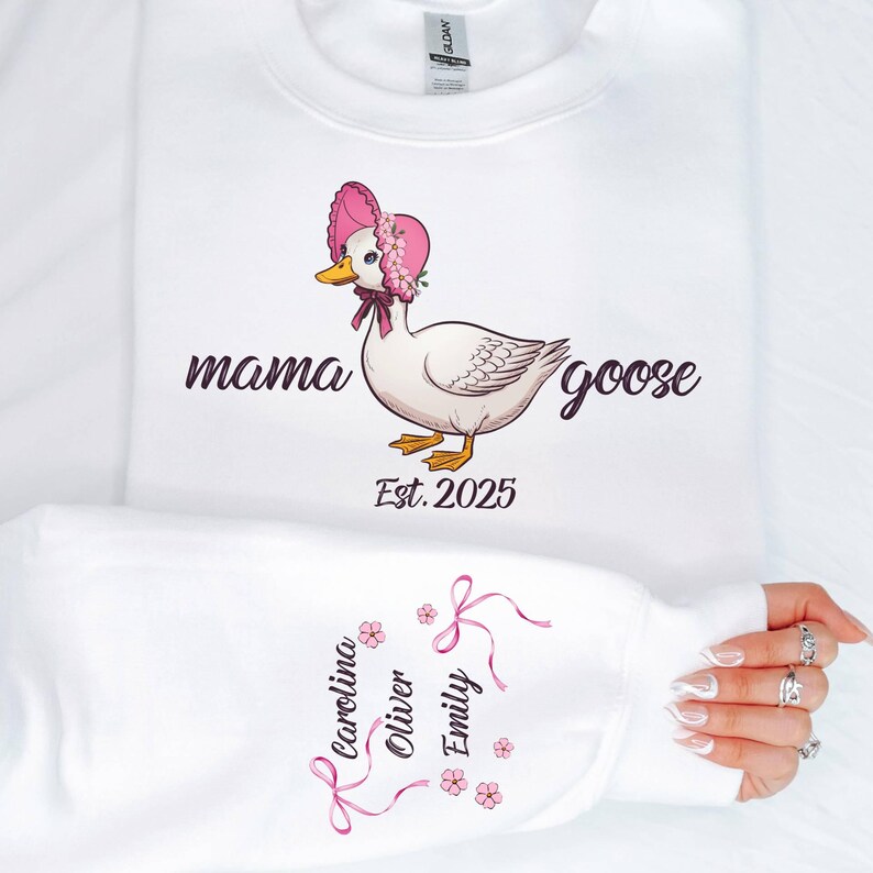 Custom Mama Goose Sweatshirt Gift With Kid Name On Sleeve