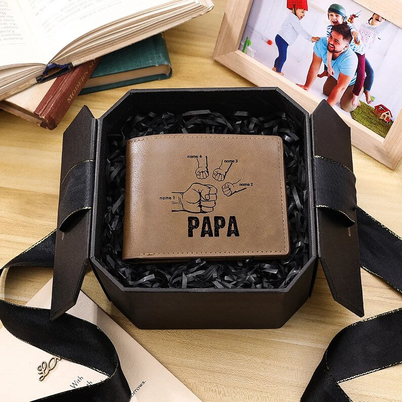 Papa Wallet Fist to Fist - PU Leather Wallet -Dad and Kids Name Wallet