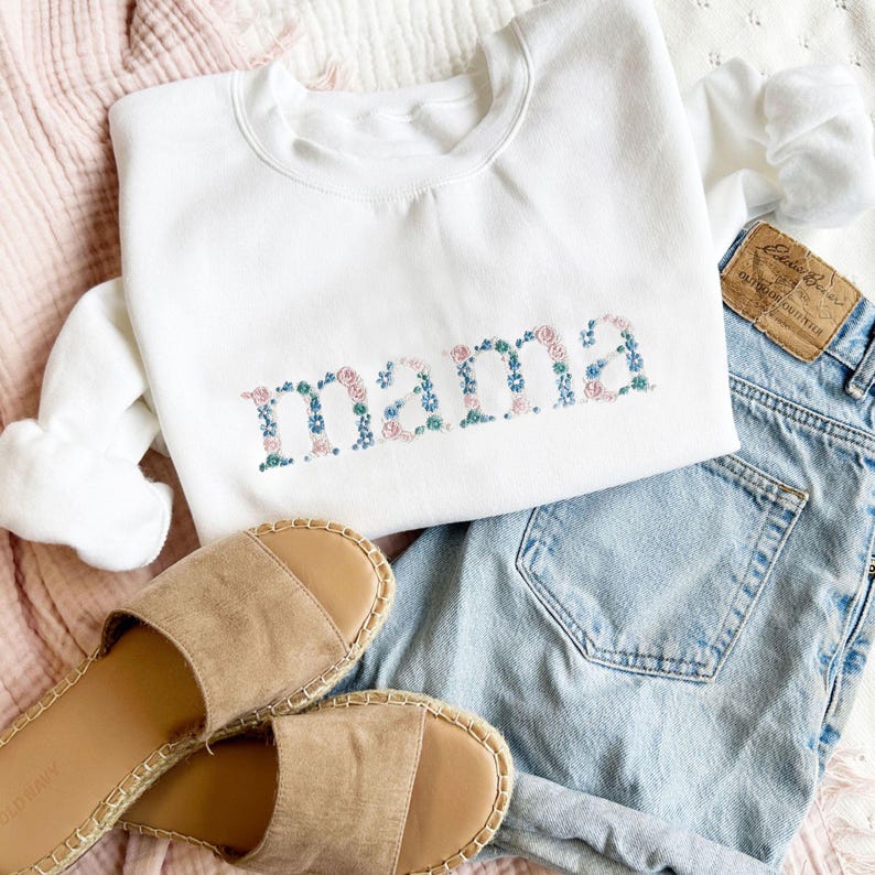 Custom Pastel Floral Mama Embroidered Gemma Crew Sweatshirt