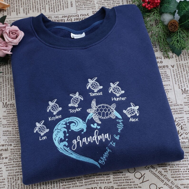 Personalized Grandma Turtle Embroidered Sweatshirt With Turtle Grandkids