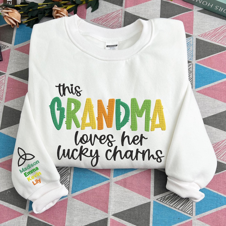 Custom This Grandma Wears Her Heart On Her Sleeve Embroidered Sweatshirt Names On Sleeve