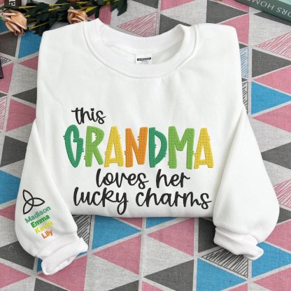 Custom This Grandma Wears Her Heart On Her Sleeve Embroidered Sweatshirt Names On Sleeve