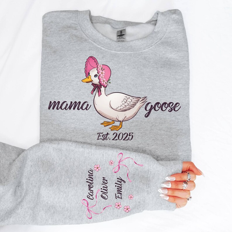 Custom Mama Goose Sweatshirt Gift With Kid Name On Sleeve